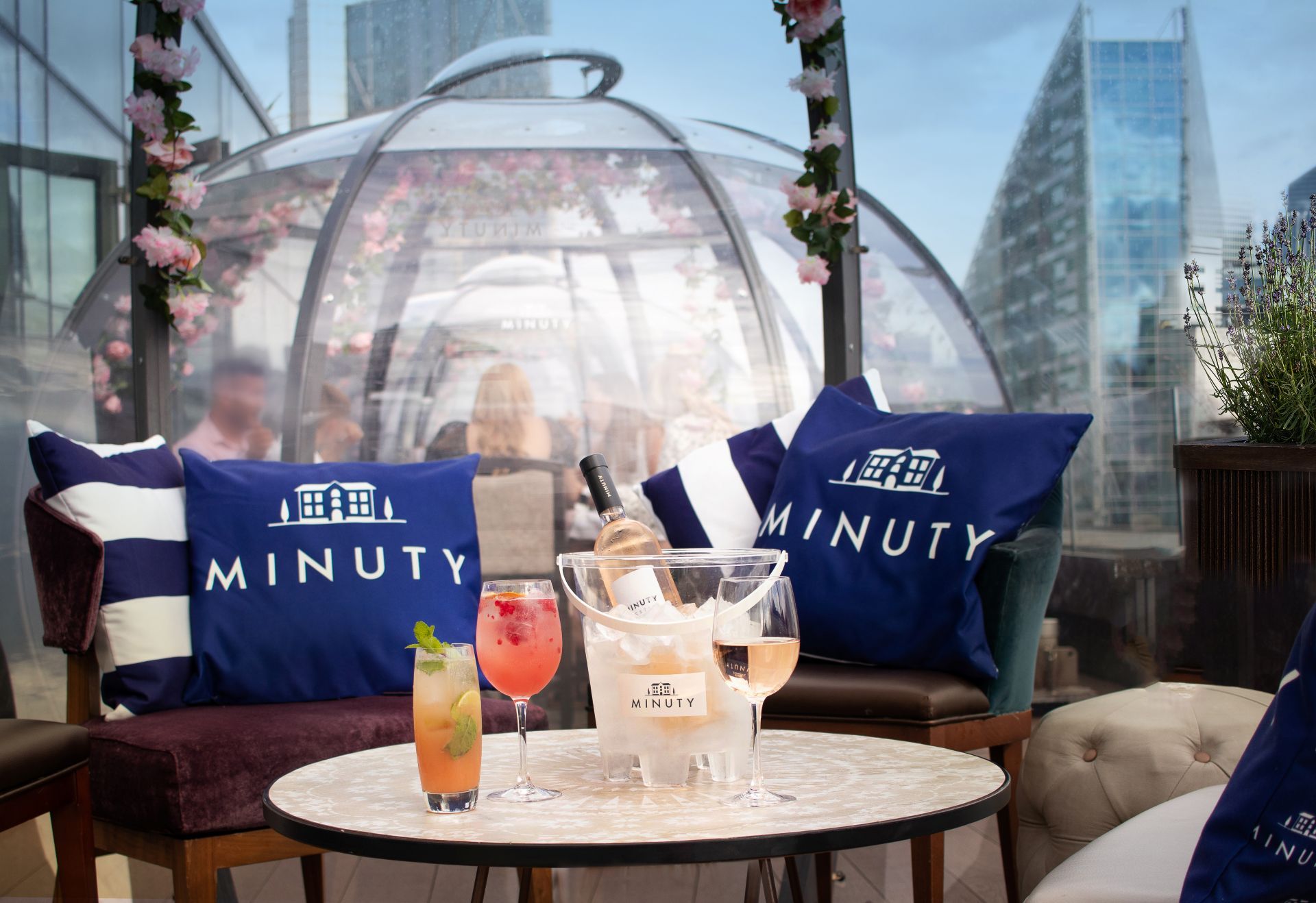 Cocktails and wine in the pods at the Aviary in London