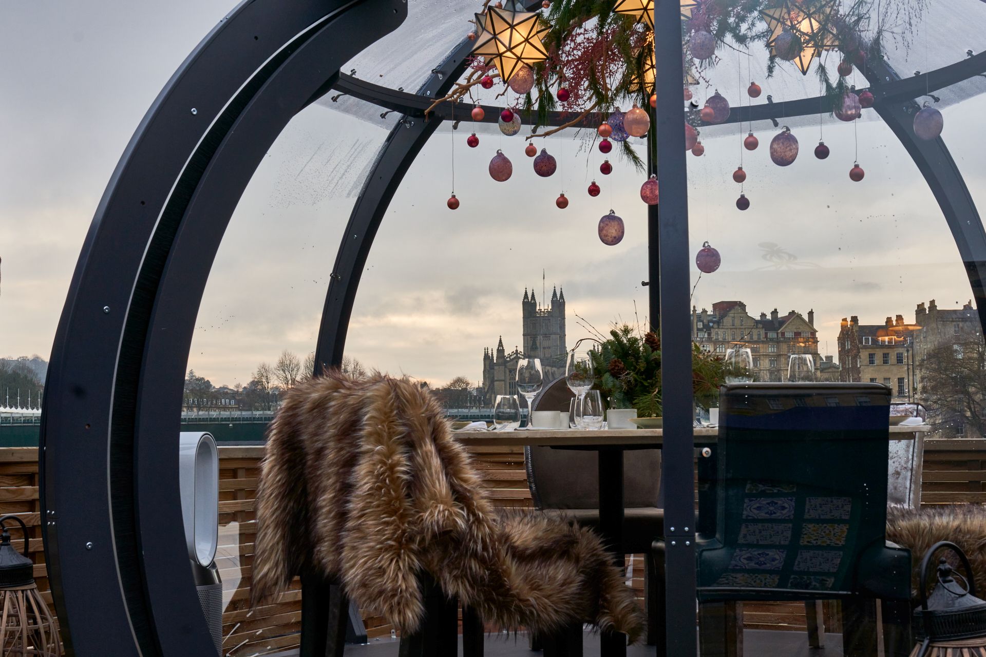 Views of Bath Abbey from the dining pods at The Bird