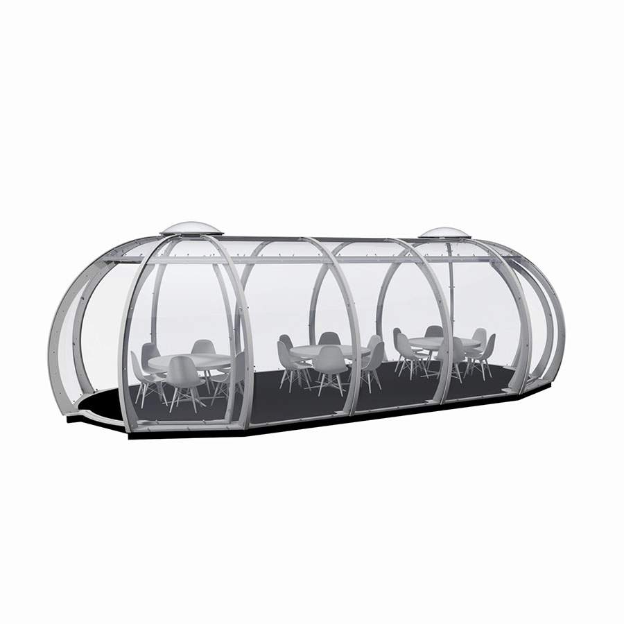 Three sets of tables and chairs in an Allpod Stretch 3 dining pod