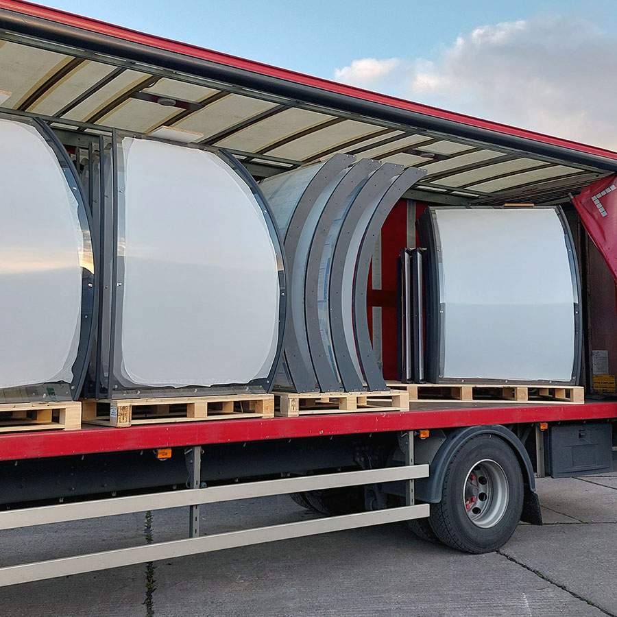 Segments of the Allpod dining domes on a lorry ready to be delivered 