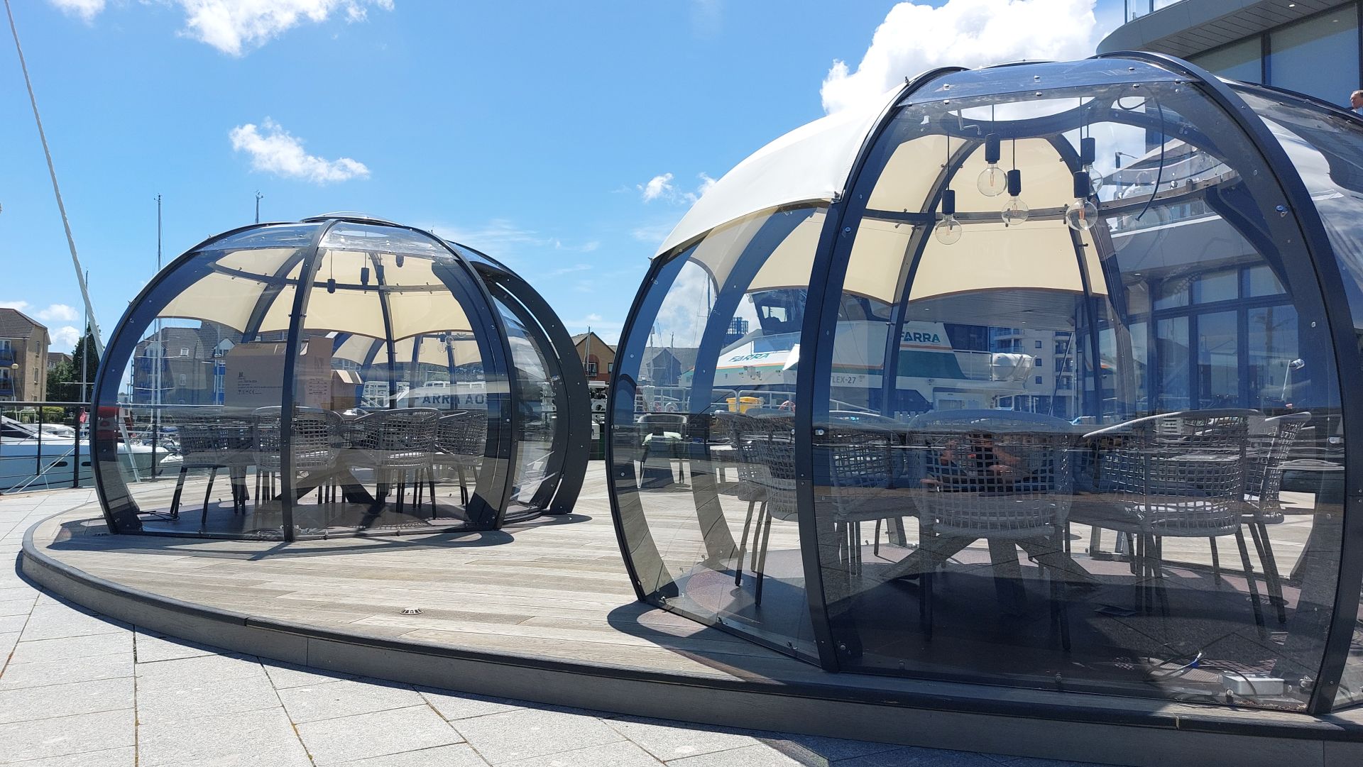 Allpod dining domes in Southampton Harbour Hotel with sun shades 