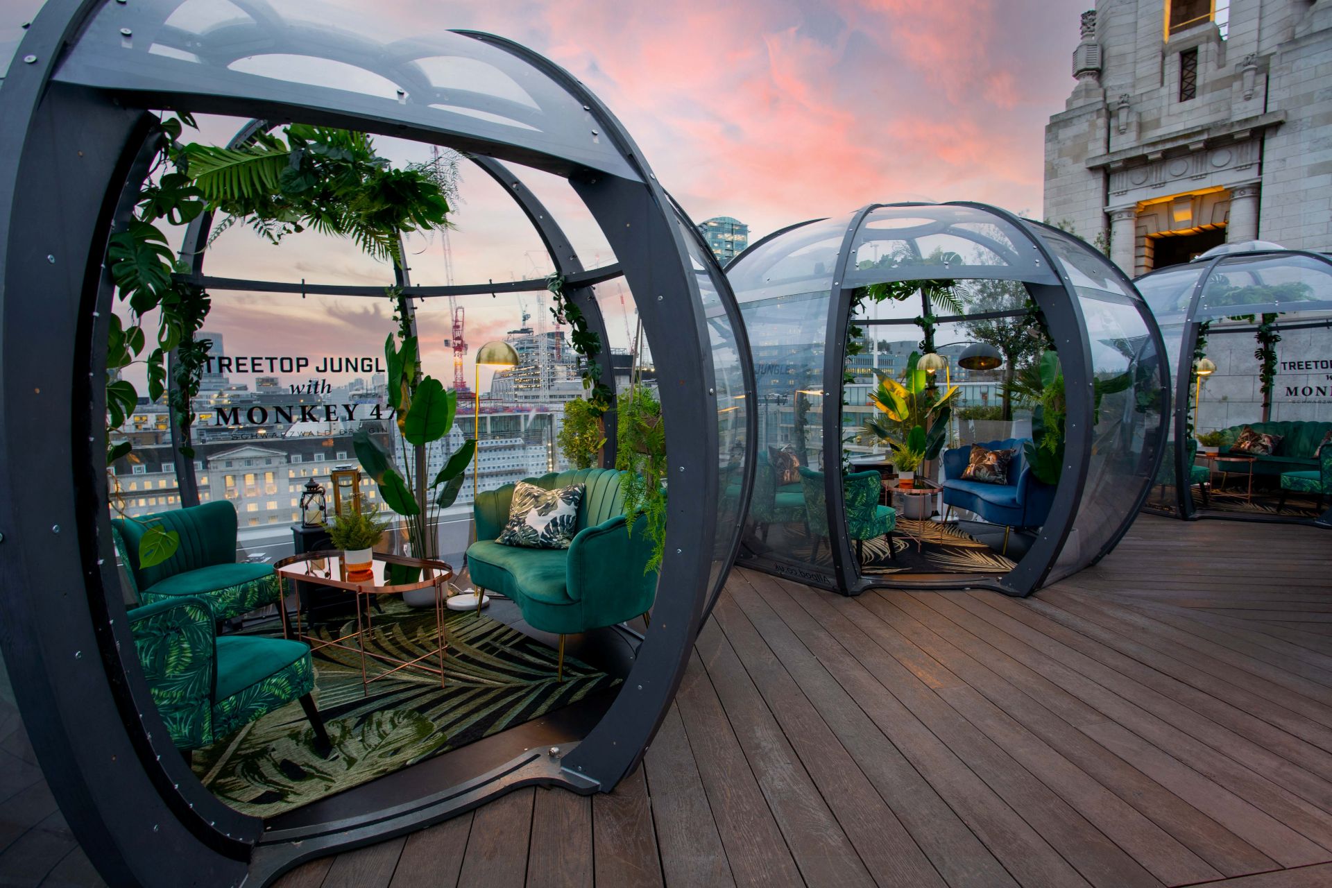 Casual cocktail pods at the Aviary rooftop in London