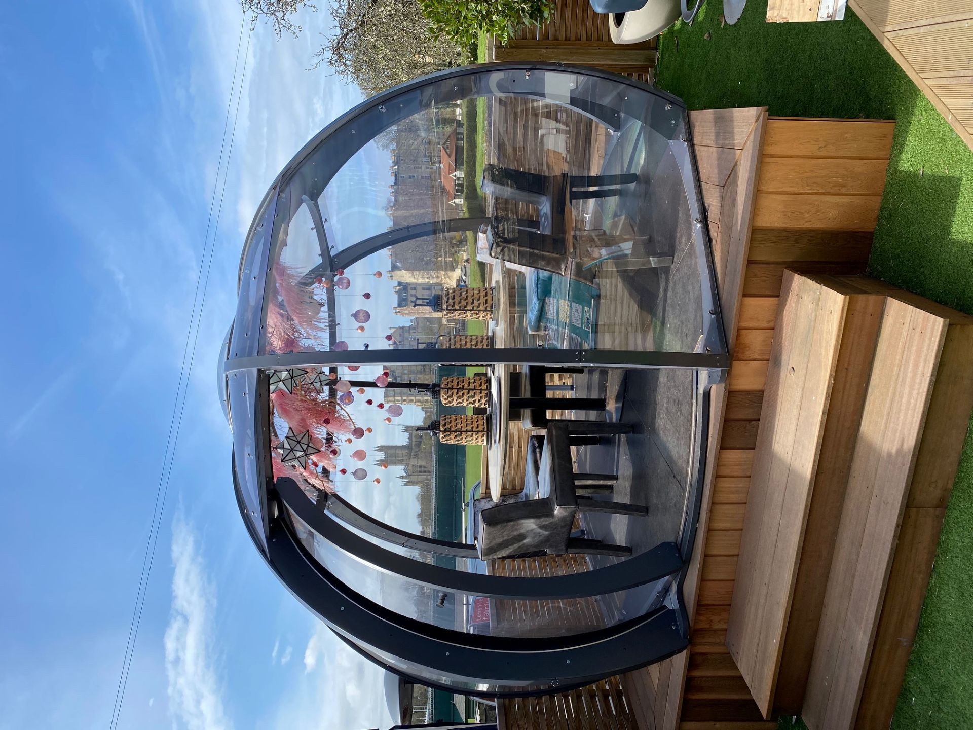 Dining dome on wooden deck at the Bird Hotel in Bath 