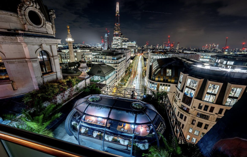 Amazing London views from the lit up Allpod Stretch dining dome at the Wagtail
