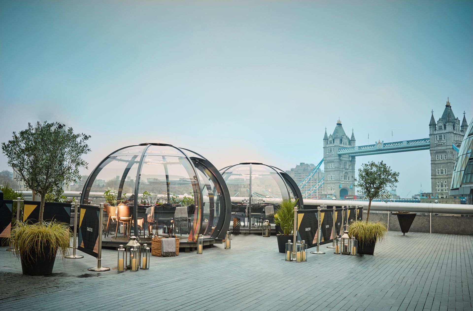 Classic dining domes overlooking the River Thames and Tower Bridge in London