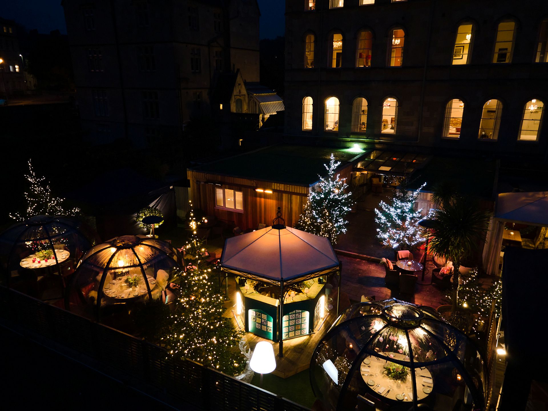 Christmas winter igloos at the Bird Hotel in Bath with magical Christmas lighting 