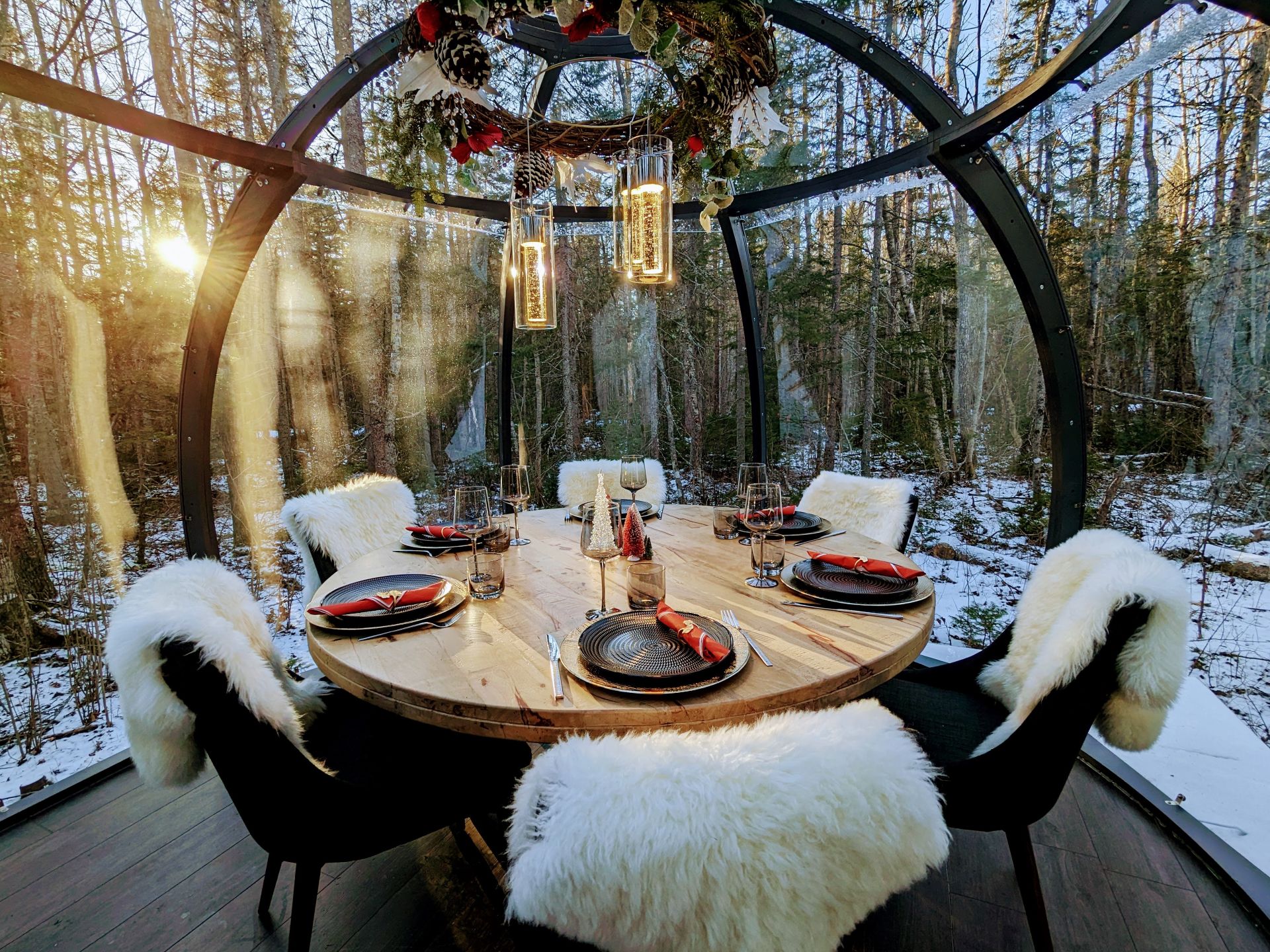 Inside the cosy winter dining dome at Maplebrook, Canada 