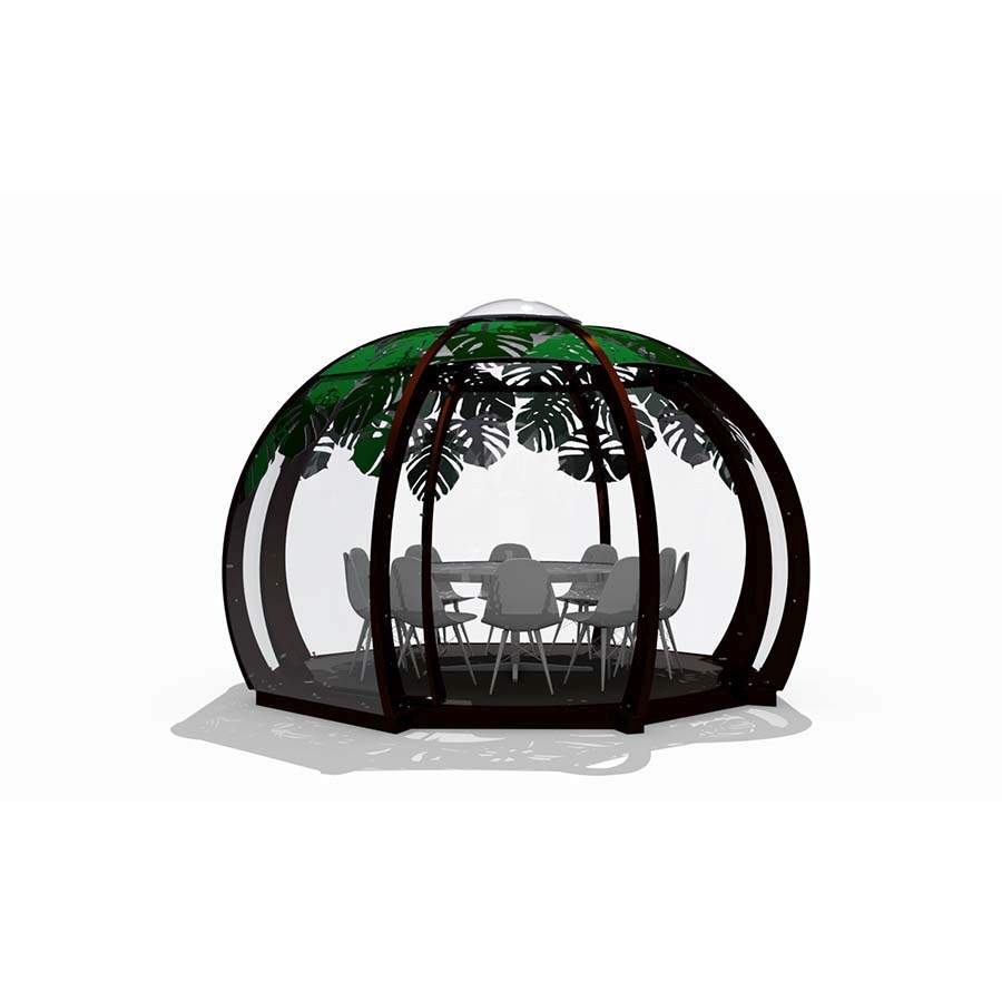 A dining pod with vinyl leaf graphics added for dappled shade 