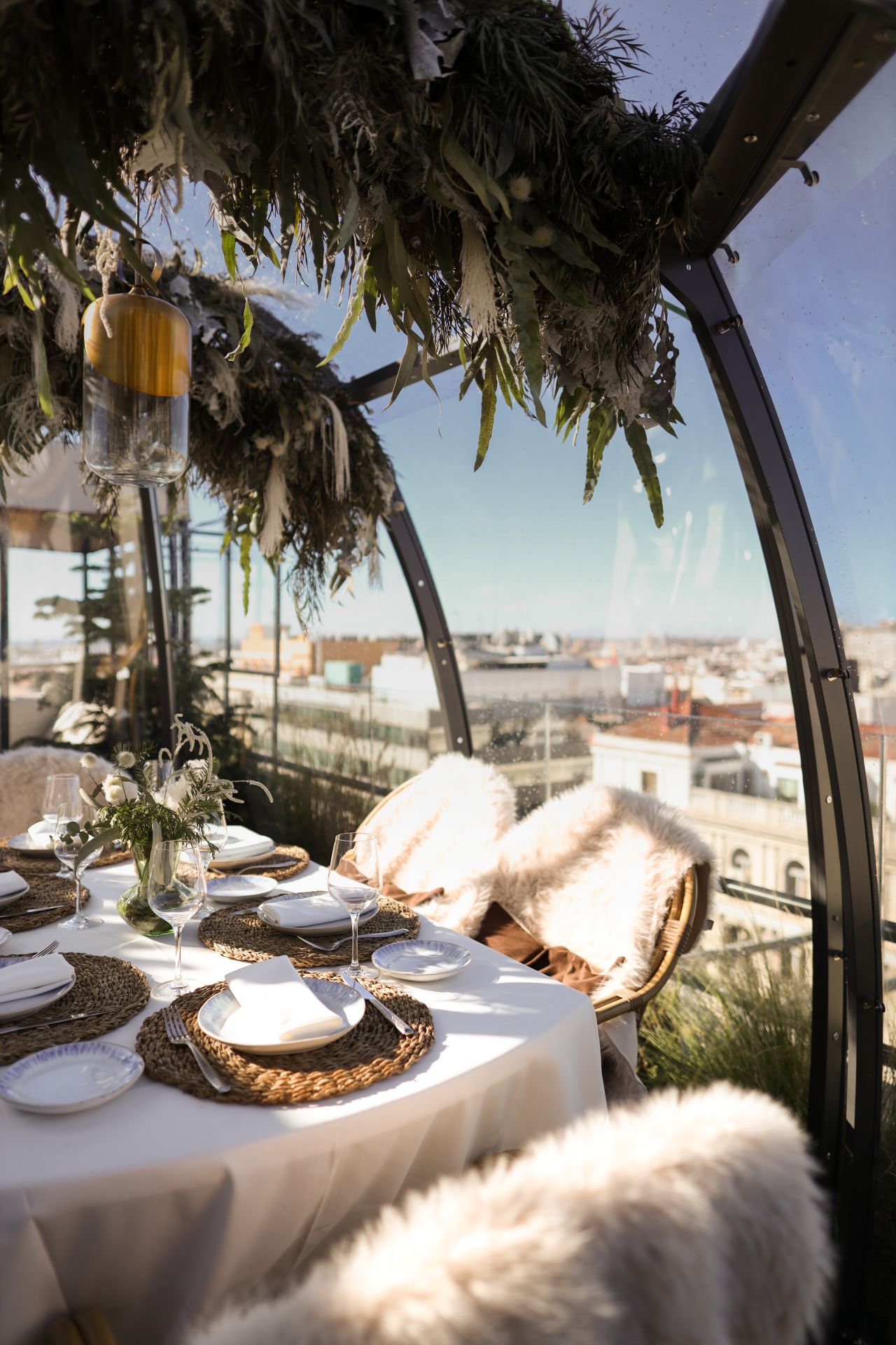 Cosy styling inside the dining pods in Spain 