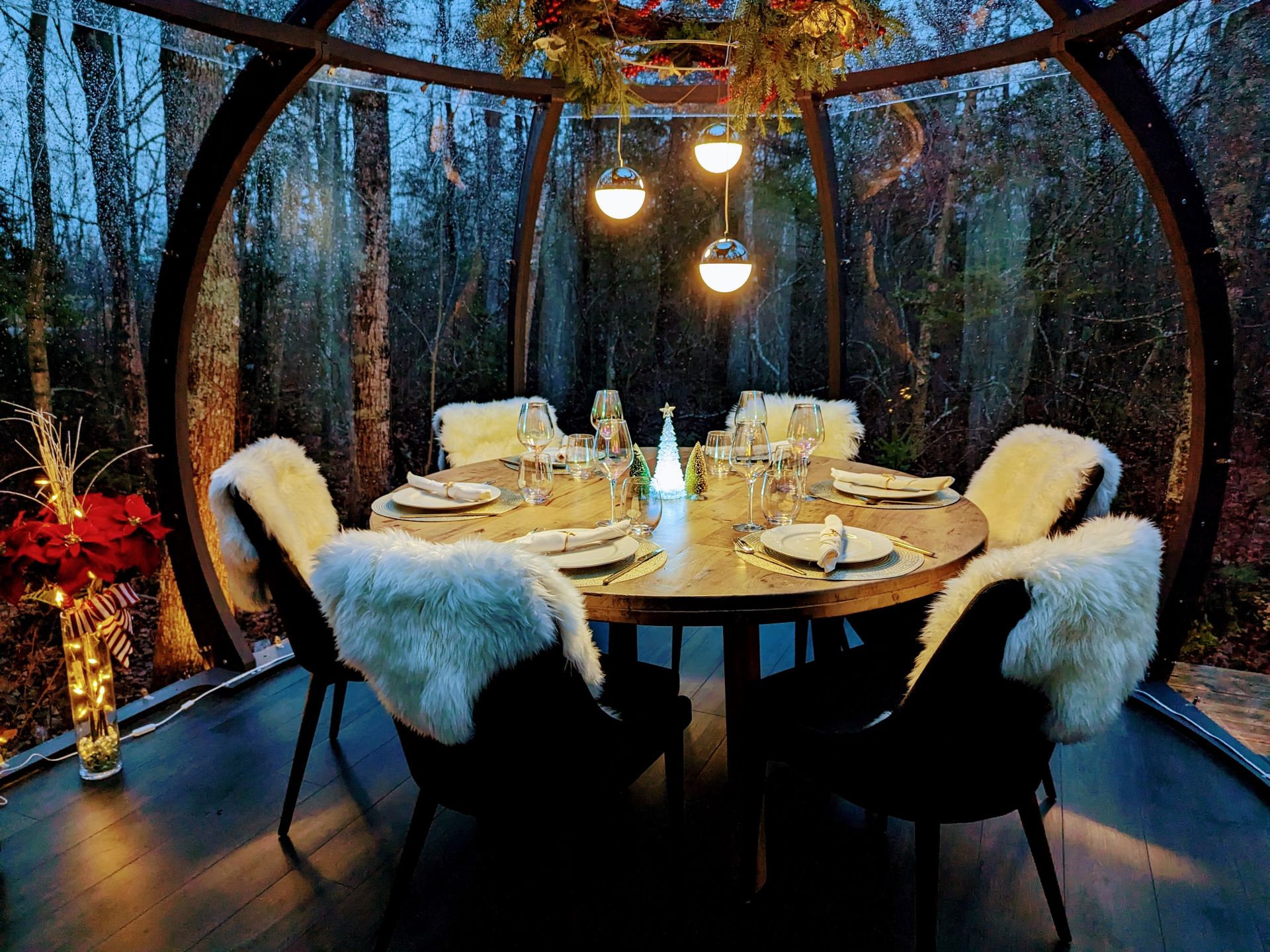 Inside the cosy winter dining dome at Maplebrook, Canada 