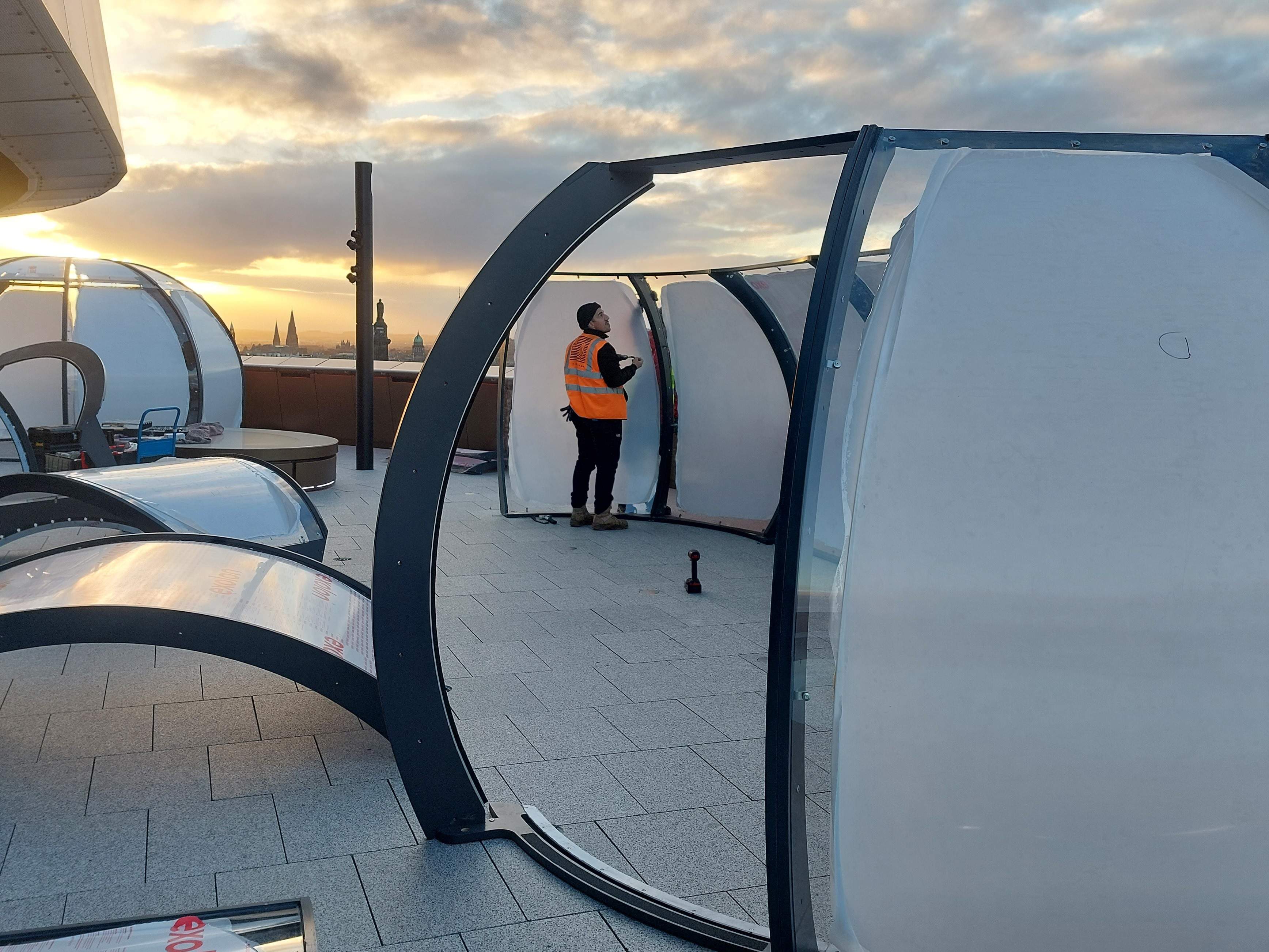The installation team in action setting up the dining domes at the W Hotel in Edinburgh 