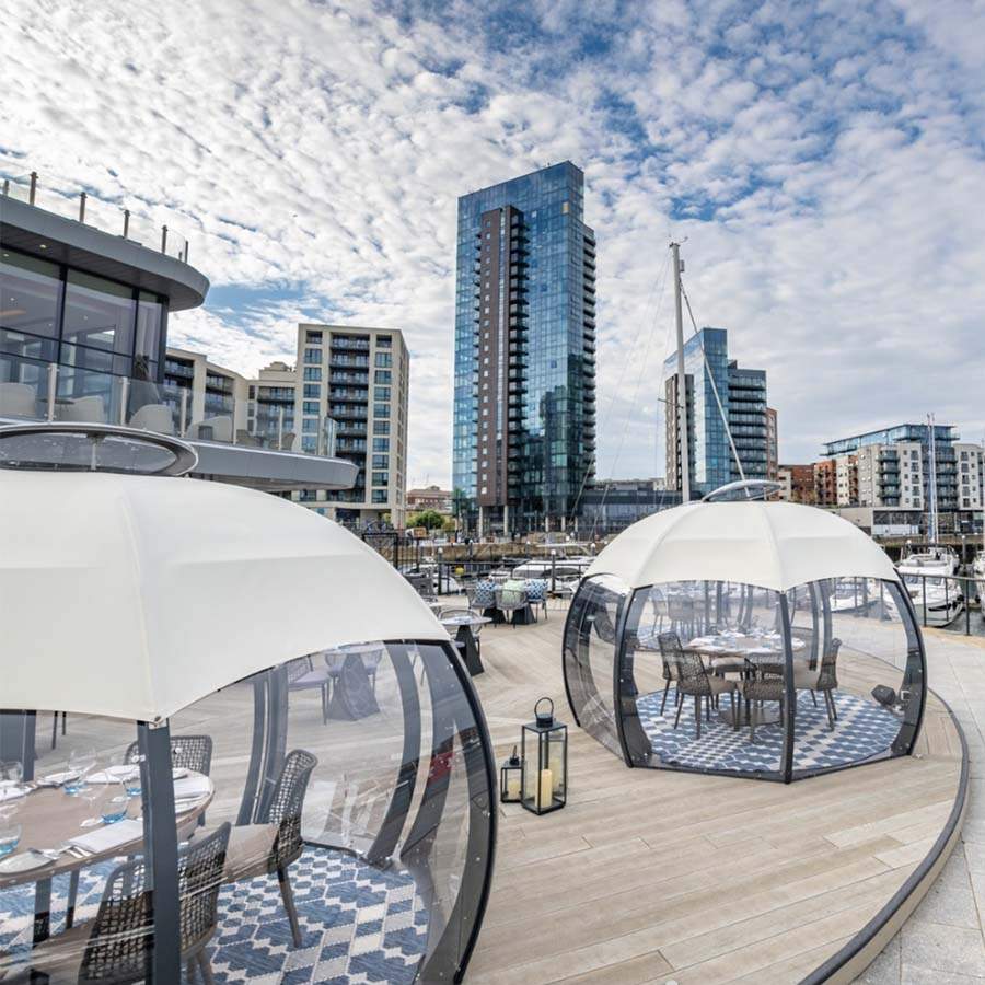 Sun shades on the dining domes at Southampton Harbour Hotel 