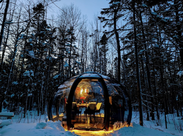 Garden dining pod in the snow 
