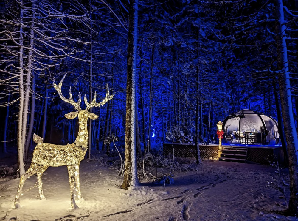 Christmas dining pod in Maplebrook, Canada, with lit up reindeer